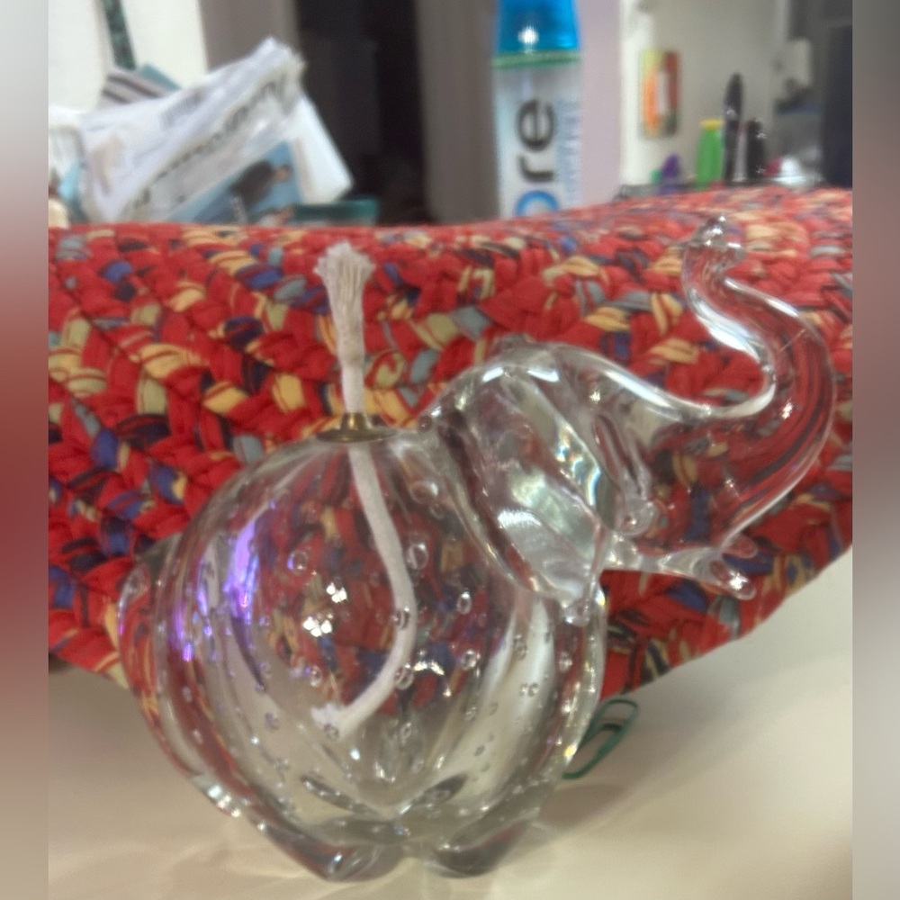 Clear Glass Hand Blown Elephant Figurine Oil Candle.